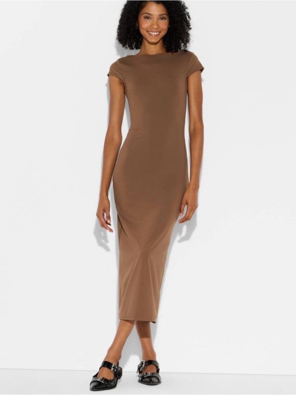 wild fable Brown Cap-Sleeve Midi Dress